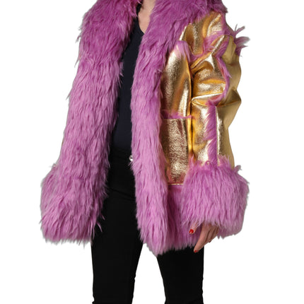 Dolce & Gabbana Pink Plush Faux Fur Gold Leather Coat Jacket