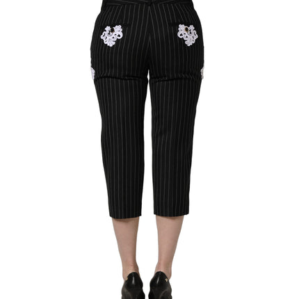 Dolce & Gabbana Black Lace Applique Pinstripe Cropped Pants