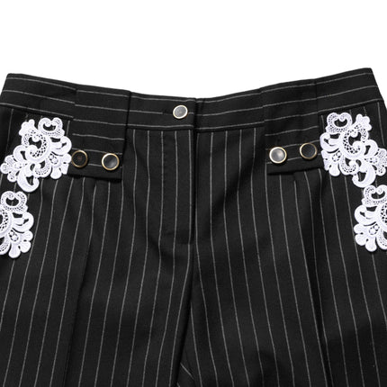 Dolce & Gabbana Black Lace Applique Pinstripe Cropped Pants
