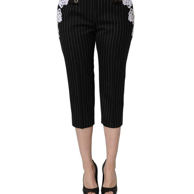 Dolce & Gabbana Black Lace Applique Pinstripe Cropped Pants