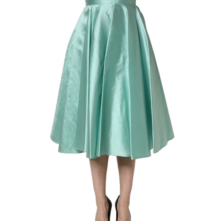 Dolce & Gabbana Green Satin High-Waisted Pleated A-line Midi Skirt