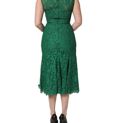 Dolce & Gabbana Green Floral Lace Cotton Sleeveless Midi Dress