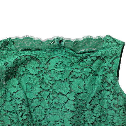 Dolce & Gabbana Green Floral Lace Cotton Sleeveless Midi Dress