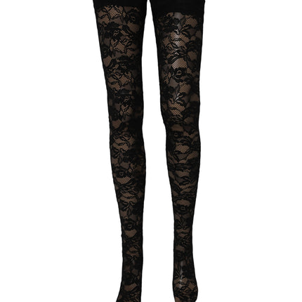 Dolce & Gabbana Black Floral Lace Thigh High Stockings Socks