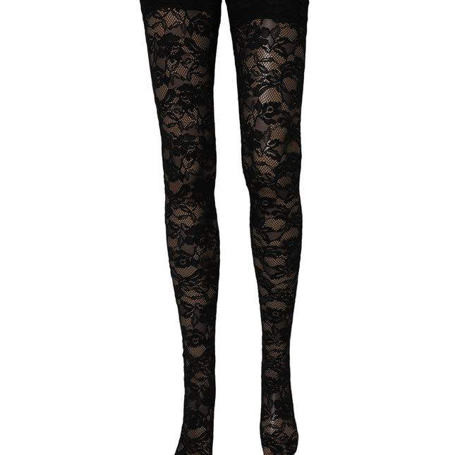 Dolce & Gabbana Black Floral Lace Thigh High Stockings Socks