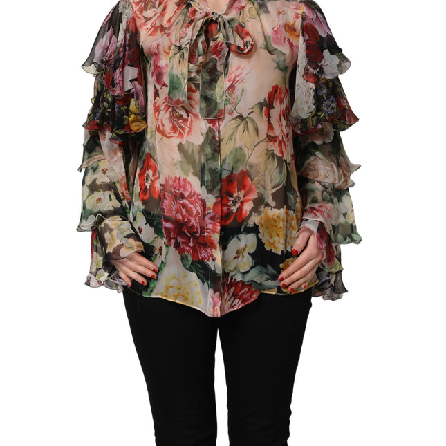 Dolce & Gabbana Multicolor Floral Tie-Neck Silk Chiffon Blouse Top