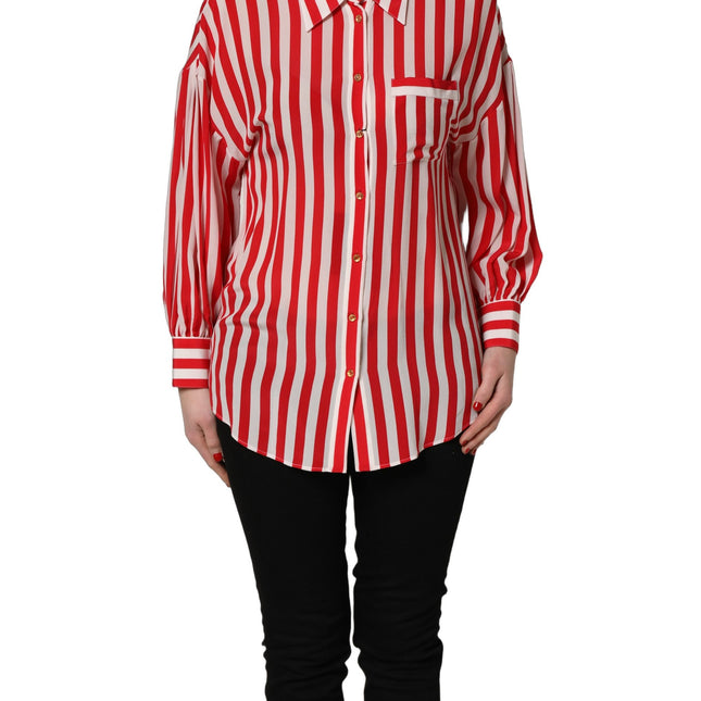Dolce & Gabbana Red White Striped Long Sleeve Silk Blouse Top