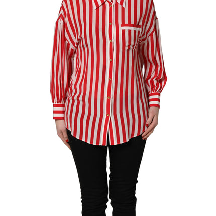 Dolce & Gabbana Red White Striped Long Sleeve Silk Blouse Top