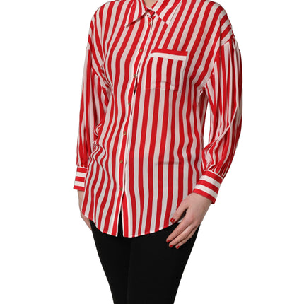 Dolce & Gabbana Red White Striped Long Sleeve Silk Blouse Top