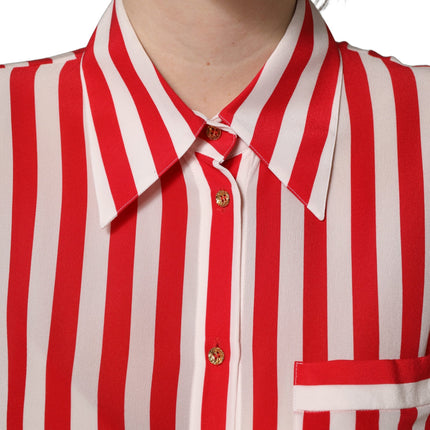 Dolce & Gabbana Red White Striped Long Sleeve Silk Blouse Top