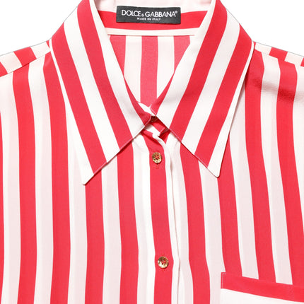 Dolce & Gabbana Red White Striped Long Sleeve Silk Blouse Top