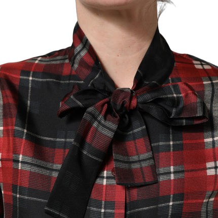 Dolce & Gabbana Red Black Plaid Silk Tie-Neck Blouse Top