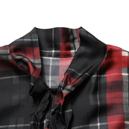 Dolce & Gabbana Red Black Plaid Silk Tie-Neck Blouse Top