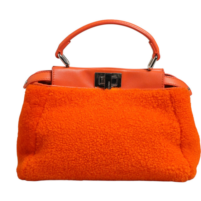 Fendi Orange Leather and Shearling Mini Peekaboo Top Handle Bag