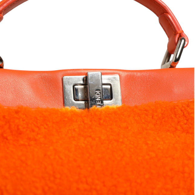 Fendi Orange Leather and Shearling Mini Peekaboo Top Handle Bag
