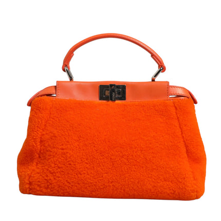 Fendi Orange Leather and Shearling Mini Peekaboo Top Handle Bag