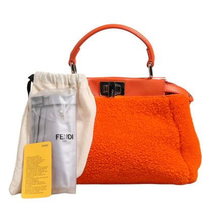 Fendi Orange Leather and Shearling Mini Peekaboo Top Handle Bag