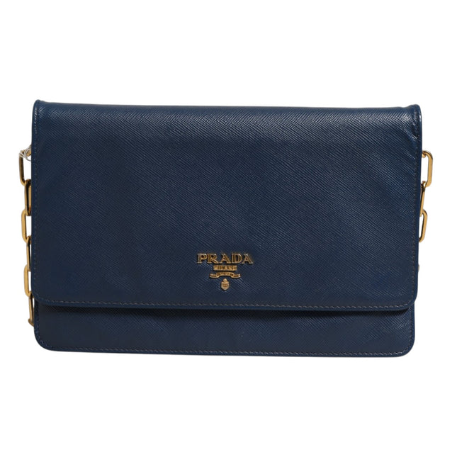 Prada Blue Saffiano Leather Wallet on Chain Clutch Bag