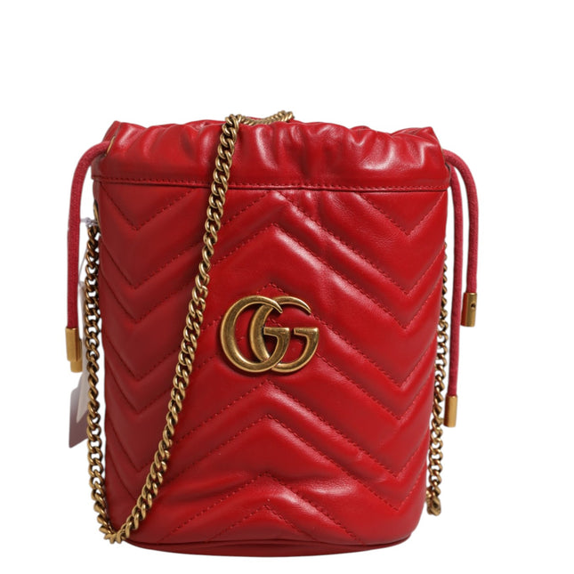 Gucci Red Chevron-quilted Calfskin Leather GG Marmont Bucket Bag