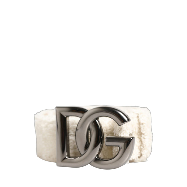 Dolce & Gabbana White Cotton Fleece DG Logo Metal Buckle Belt