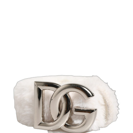 Dolce & Gabbana White Fleece Silver DG Logo Metal Buckle Belt