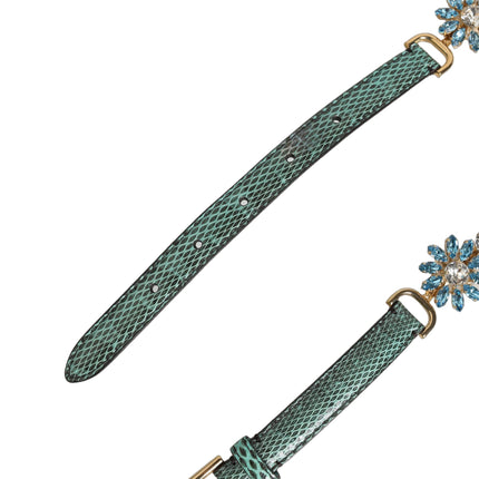Dolce & Gabbana Green Leather Daisy Crystal Embellished Waist Belt