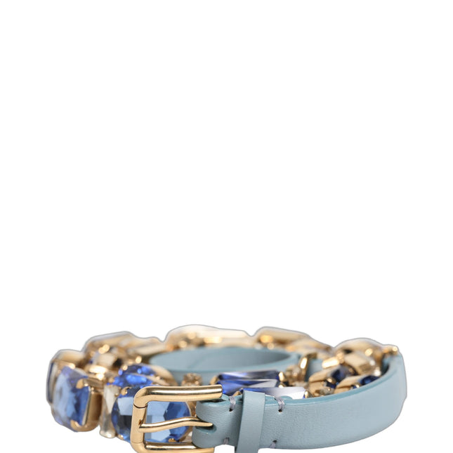 Dolce & Gabbana Blue Leather Crystal Chain Embellished Belt