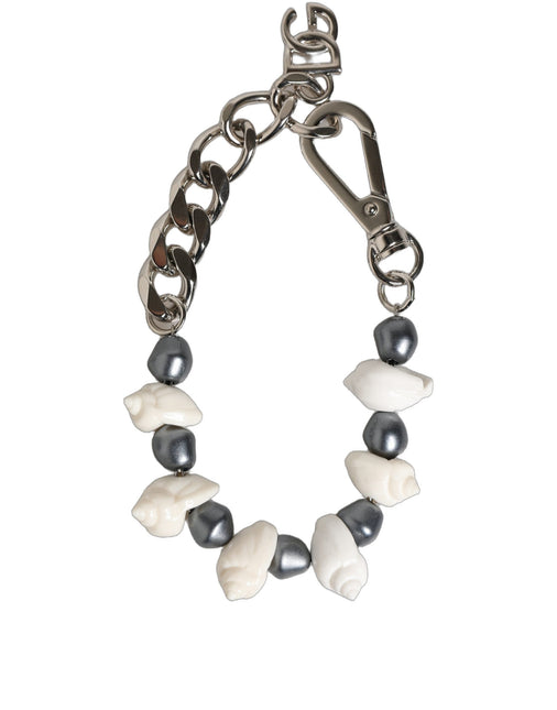Dolce & Gabbana Silver Tone Brass Beaded Shell DG Logo Pendant Bracelet