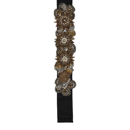 Dolce & Gabbana Black Gold Tone Crystal Brass Flower Brooches Belt