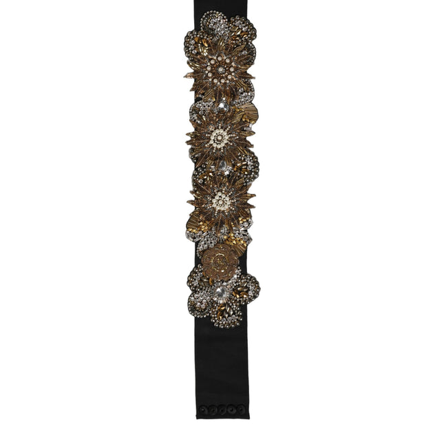 Dolce & Gabbana Black Gold Tone Crystal Brass Flower Brooches Belt