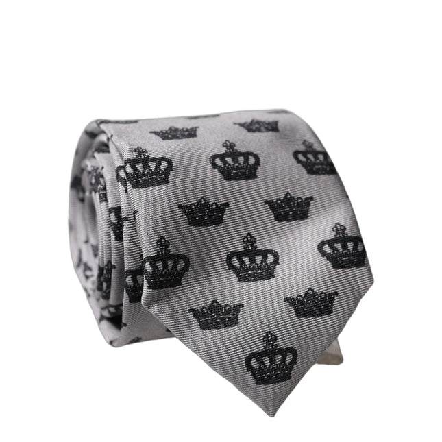 Dolce & Gabbana Gray Crown Fantasy Silk Adjustable Men Tied Necktie Tie