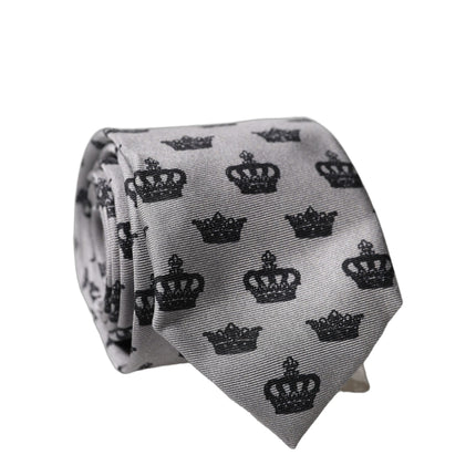 Dolce & Gabbana Gray Crown Fantasy Silk Adjustable Men Tied Necktie Tie