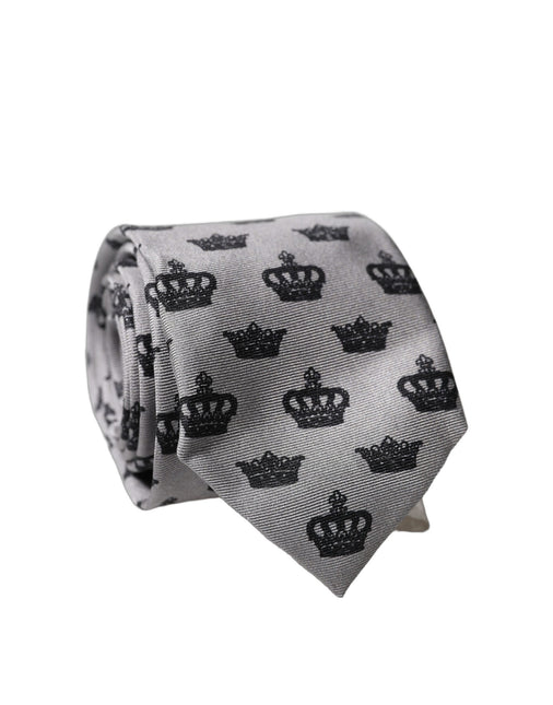 Dolce & Gabbana Gray Crown Fantasy Silk Adjustable Men Tied Necktie Tie