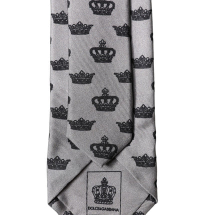 Dolce & Gabbana Gray Crown Fantasy Silk Adjustable Men Tied Necktie Tie