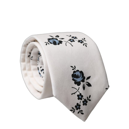 Dolce & Gabbana White Floral Fantasy Cotton Adjustable Men Necktie Tie