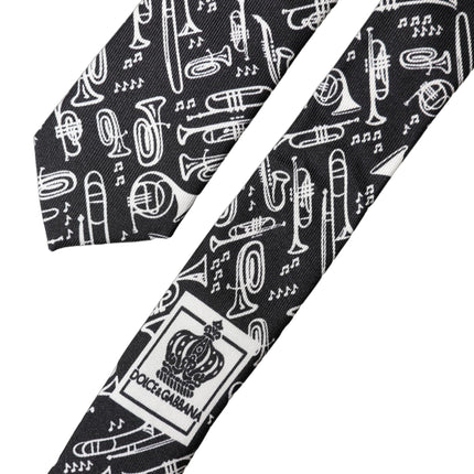 Dolce & Gabbana Black Trumpet Print Silk Adjustable Men Tied Necktie Tie
