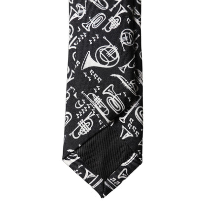 Dolce & Gabbana Black Trumpet Print Silk Adjustable Men Tied Necktie Tie