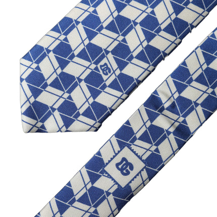 Dolce & Gabbana Blue White Geometric Silk Adjustable Men Tied Necktie Tie