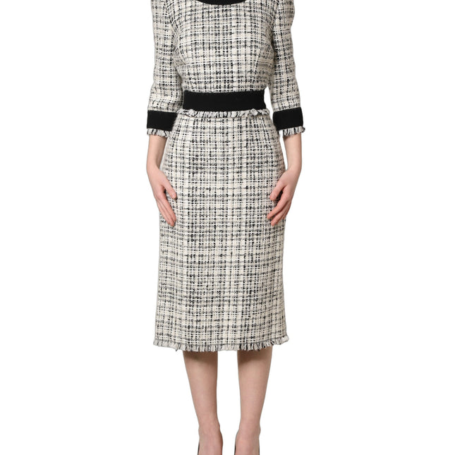Dolce & Gabbana Black White Tweed Sheath A-line Midi Dress