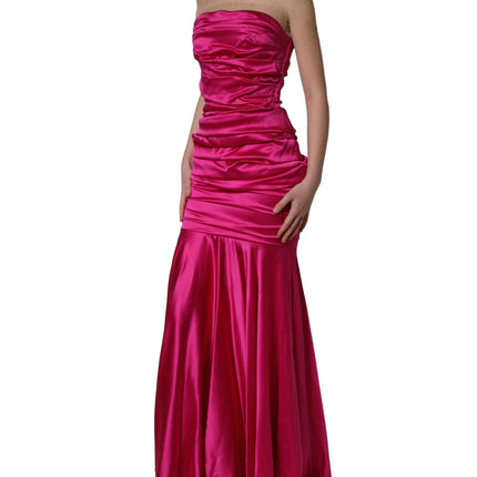 Dolce & Gabbana Hot Pink Ruched Satin Strapless Gown Dress