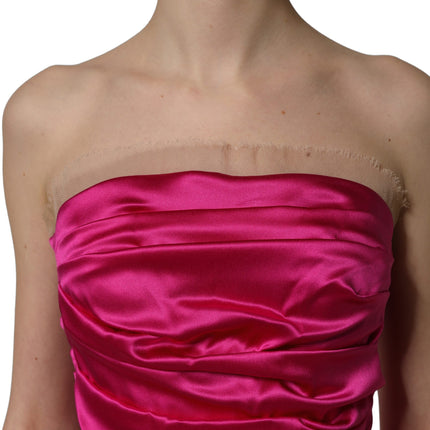 Dolce & Gabbana Hot Pink Ruched Satin Strapless Gown Dress