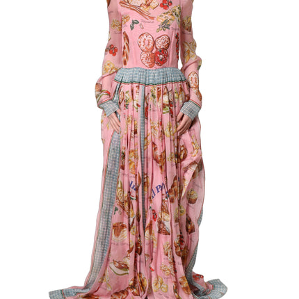 Dolce & Gabbana Light Pink Bread Print Pleated Maxi Dress