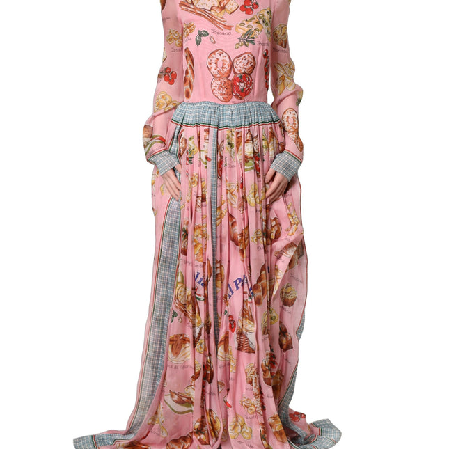 Dolce & Gabbana Light Pink Bread Print Pleated Maxi Dress