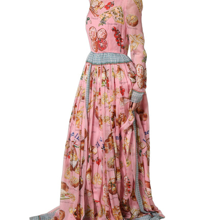 Dolce & Gabbana Light Pink Bread Print Pleated Maxi Dress