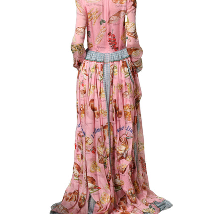 Dolce & Gabbana Light Pink Bread Print Pleated Maxi Dress