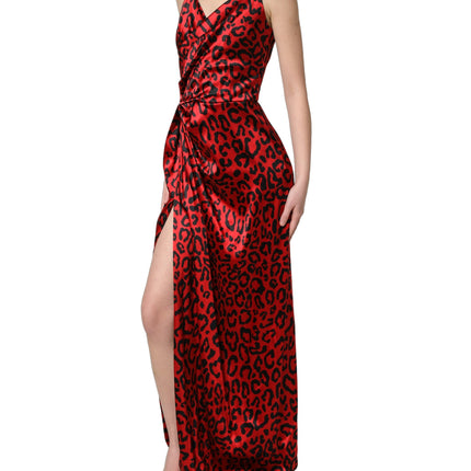 Dolce & Gabbana Red Leopard Draped Sleeveless Maxi Dress
