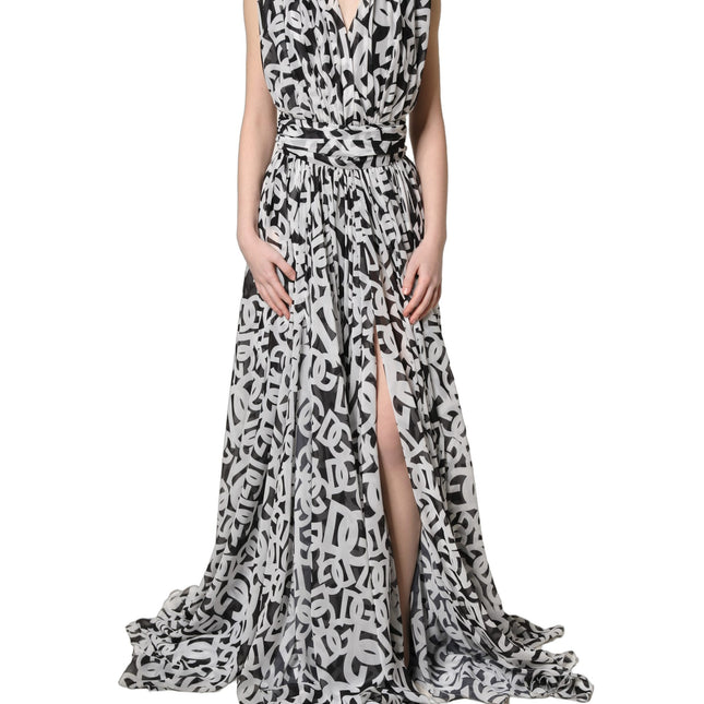 Dolce & Gabbana Black White Logo Sleeveless Floor Length Maxi Dress