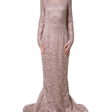 Dolce & Gabbana Pink Lace Long Sleeves Evening Gown Dress