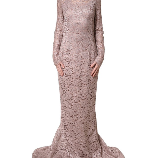 Dolce & Gabbana Pink Lace Long Sleeves Evening Gown Dress