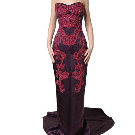 Dolce & Gabbana Purple Silk Crystal Strapless Floor Length Gown Dress